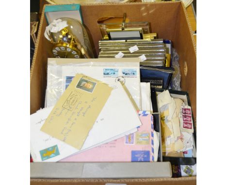 Ephemera - photograph frames; an Anniversary clock; First Day covers; stamps, loose an in an album; coins, Crowns,  including