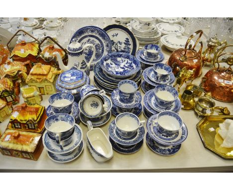 Blue and White Ceramics - Willow pattern coffee pot, cups and saucers, dinner plates; etc qty 