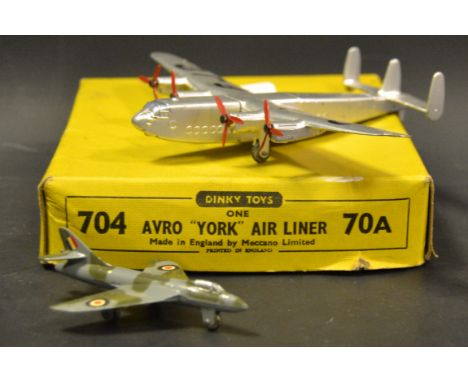 Dinky Toys, 704 Avro York air liner, silver body with 4x red 3 blade propellers, black G-AGJC to wings, boxed;  another, Dink