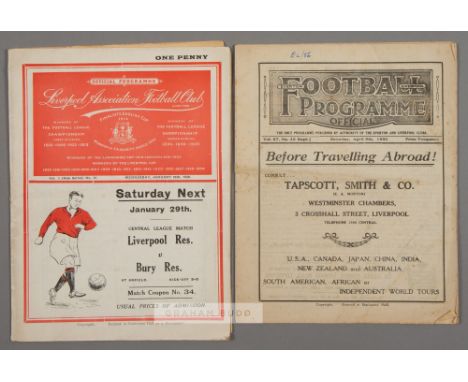 Two Liverpool 1930s home programmes,F.L. Division One v Arsenal 9th April 1932, a combined programme also covering the Everto