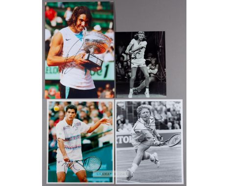 Signed photographs of male tennis stars and legends, including P Sampras, R Nadal, B Borg, B Becker, P Cash (2), A Murray, G 