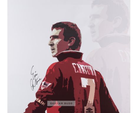 A signed Eric Cantona print on canvas depicting the iconic image of him with his Manchester United jersey collar turned up, s