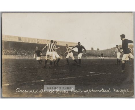 Woolwich Arsenal v Bristol Rovers cup tie at Plumstead, 23rd February 1907,&nbsp; featuring match action, 9 by 14cm., bears m