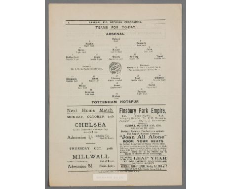 Arsenal v Tottenham Hotspur programme, played at Highbury, 25th October 1924,four-page programme on white printed paper, bear