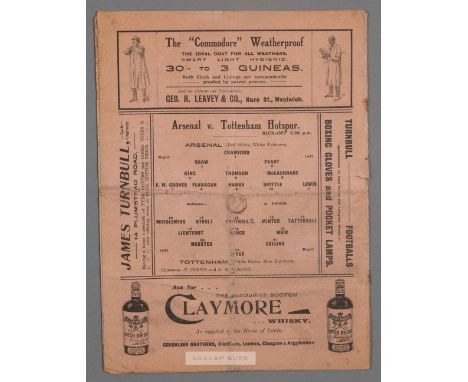 Woolwich Arsenal v Tottenham Hotspur programme 14th December 1912, from the final season at the Manor Ground, Plumstead, eigh