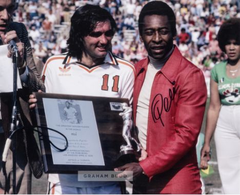 Pele signed colour photographic print receiving The Greatest Soccer Player in the World award from George Best at the Rose Bo