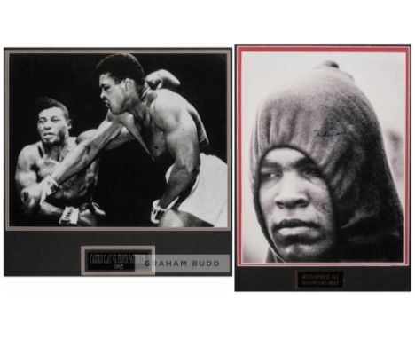 Muhammad Ali signed photograph,14 by 11in., signed in blue marker pen, b & w head portrait of Ali in training sweats, mounted