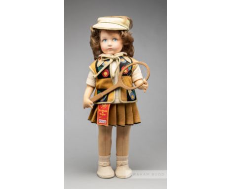 A vintage felt doll of a girl tennis player by Lenci of Italy, circa 70s/80s, unused, with original box and certificate of or