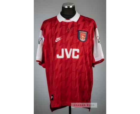 Dennis Bergkamp signed red Arsenal no.10 home jersey, season 1995-96,Nike, short-sleeved with THE FA PREMIER LEAGUE sleeve ba