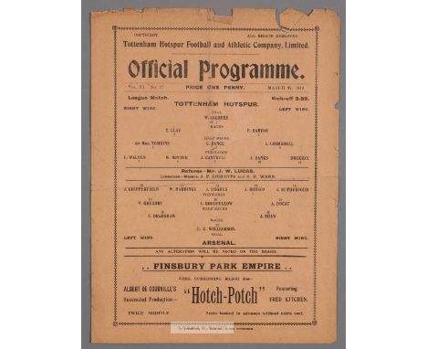 Tottenham Hotspur v Arsenal programme, played at Highbury, 29th March 1919,single-sheet, printed on both sides, with team lin