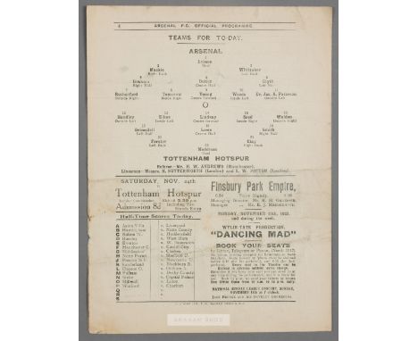 Arsenal v Tottenham Hotspur programme, played at Highbury, 17th November 1923,four-page programme on white printed paper, bea