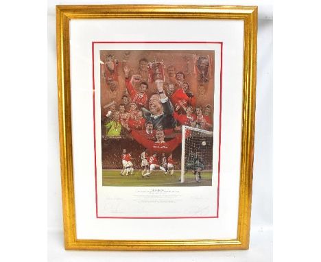 Manchester United 1998-1999 celebration signed and framed print entitled 'Treble Winners', a limited edition coloured print b