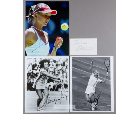 Signed photographs of female tennis stars and legends, including J Heron, BJ King, C Martinez (2), J Capriati, V Duchevina, M
