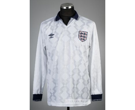 Carl Tiler white England U-21 no.6 home jersey 1990 or 1991Umbro, long-sleeved with embroidered England three lion emblem and