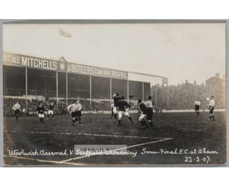 Woolwich Arsenal v Sheffield Wednesday postcard in the F.A. semi-final at Birmingham, 23rd March 1907, featuring match action