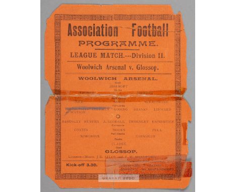       Woolwich Arsenal v Glossop programme 4th April 1904, F.L. Division Two fixture, played at the Manor Ground, Plumstead, 