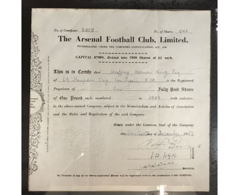 The Arsenal Football Club Limited share certificate, 20th December 1957, addressed to Geoffrey Norman King Esq., for one shar