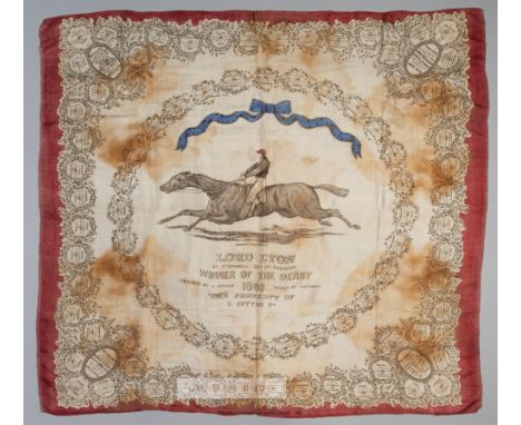 Lord Lyon winner of The Derby 1866 commemorative silk scarf, featuring a central image of Lord Lyon with Custance on board, t