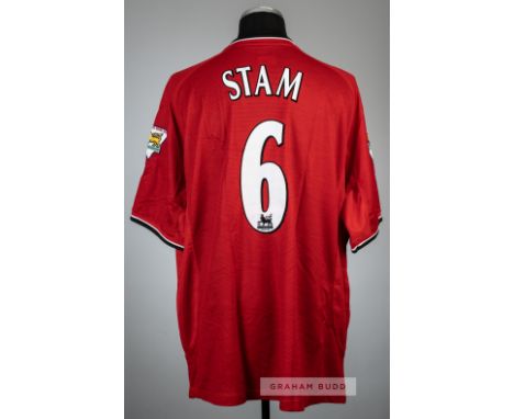 Jaap Stam red Manchester United no.6 home jersey, season 2001-02,Umbro, short-sleeved with THE FA PREMIER LEAGUE CHAMPIONS 20