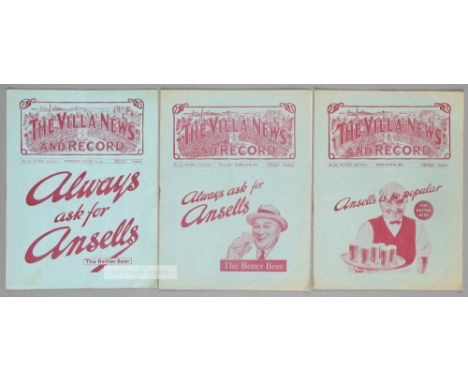 Three Aston Villa 1930s home programmes,v Arsenal (FAC3 replay) 14th January 1931, Huddersfield Town 25th December 1935 (FL D