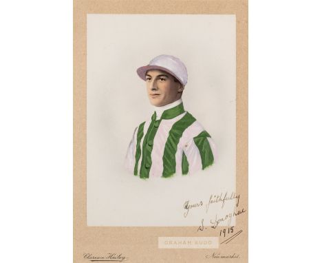 Three horse racing jockey portraits, comprising Stephen Donaghue signed colour portrait, mounted, glazed and framed, overall 