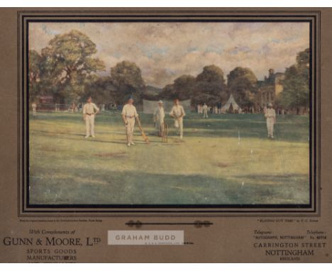 "Playing Out Time" Australian cricket tour 1887 Gunn & Moore Ltd promotional calendar board,with a printed colour scene of "P