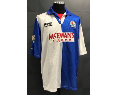 Chris Sutton blue and white Blackburn no.16 jersey, season 1994-95,Asics, short-sleeved with THE FA PREMIER LEAGUE CHAMPIONS 