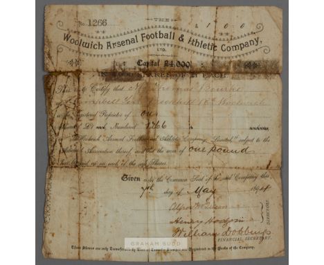 Original Woolwich Arsenal Football & Athletic Company share certificate, dated 7th May 1894,on headed paper numbers 1266, add