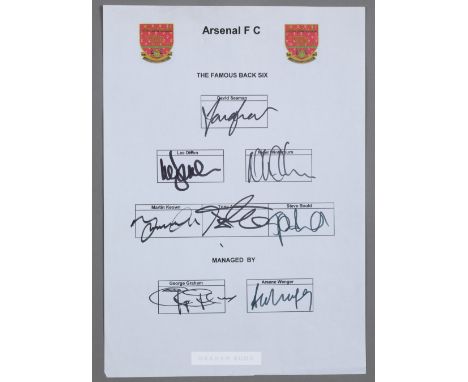 Arsenal the Famous Back Six autograph sheet,including David Seaman, Lee Dixon, Nigel Winterbottom, Martin Keown, Tony Adams, 
