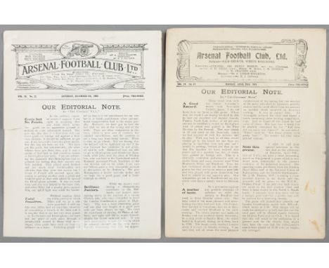 Two Arsenal 1920s home programmes,FL Division One fixtures v Preston North End 25th April 1921 and Birmingham 9th December 19