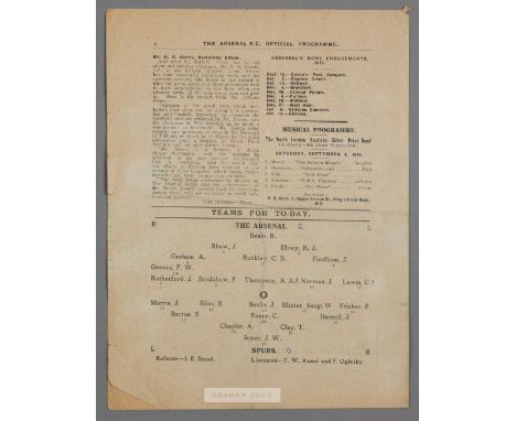 The Arsenal v Tottenham Hotspur World War I programme, played at Highbury, 4th September 1915, four-page programme, with team