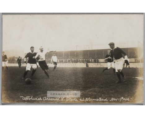 Woolwich Arsenal v Stoke postcard at Plumstead, 17th November 1906, featuring match action, reverse with pencil and pen annot