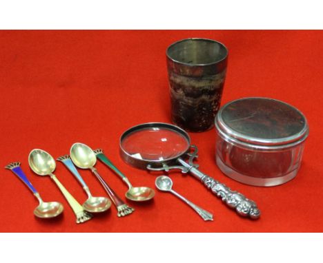 Silver &amp; enamel spoons, etc