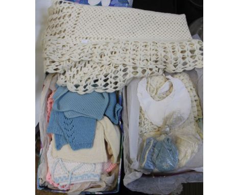 Handmade vintage baby clothing items to include cream crochet blanket