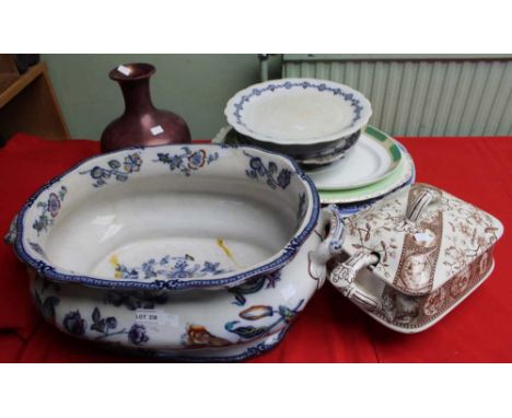 A late Victorian pottery footbath, a sepia printed tureen with ladle and various other ceramic wares Footbath - has been badl
