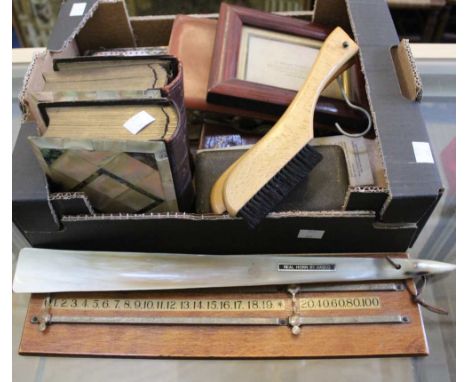 Two late Victorian photograph albums, Mother-of-Pearl decorated, containing carte-de-visite portraits, other M-of-P items etc