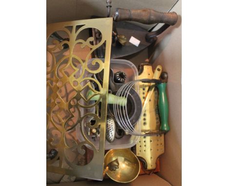 A collection of vintage kitchen items, a mahogany paint box etc
