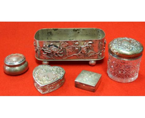 Chinese silver dish, heart box, etc