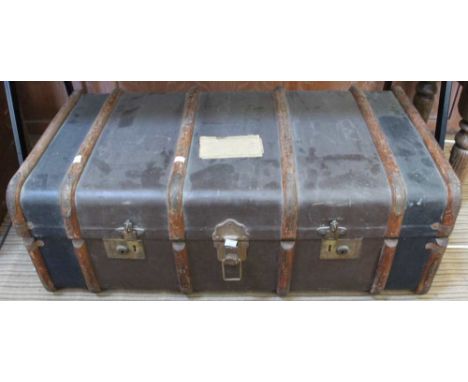 Wooden banded travel trunk, fitted tray with contents