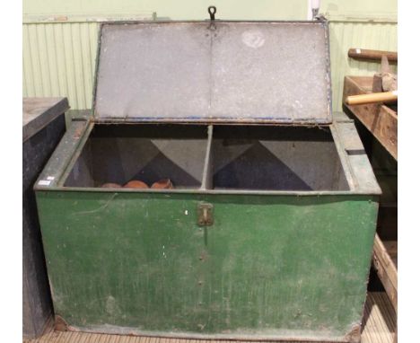 A green painted vintage galvanised twin compartment feed bin