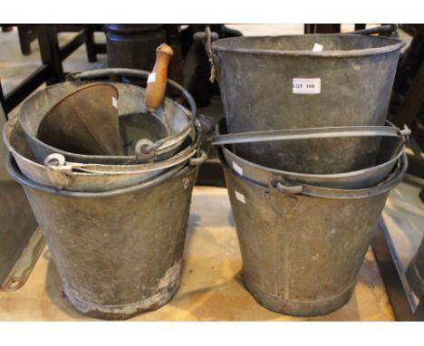 Six vintage galvanised buckets, a feed scoop and a funnel