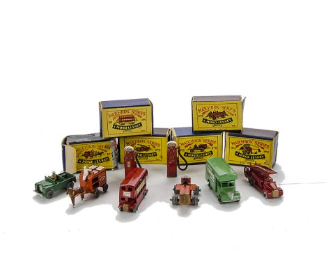 Matchbox 1-75 Series, No.5 London Bus, No.12 Jeep, No.17 Bedford, No.9 Dennis Fire Engine, No.7 Horse-drawn Milk Float, No.8 