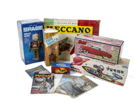 Chinese and Japanese Tinplate Space and other Toys including Meccano, Chinese Universe Televiboat, Space Walk Man Robot, MF71