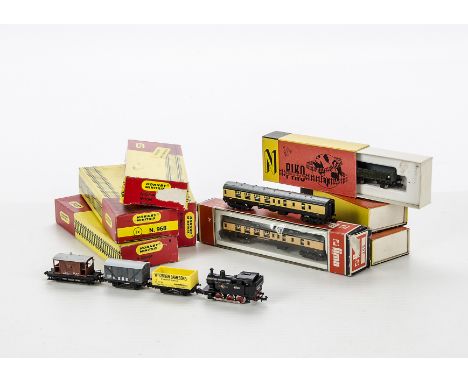 N Gauge Locomotive and stock by Minitrix Lima and Piko: comprising Minitrix 0-6-0 Dock tank loco as BR 47160, together with t