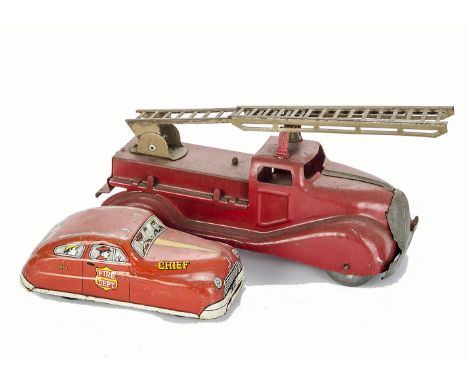 Mettoy Tinplate Fire Chief car and Steel Fire Engine: Mettoy friction drive Car with number plates MT 3322, Tri-ang style pre