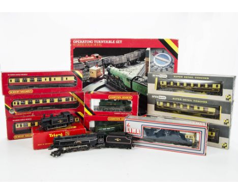 OO Gauge trains and accessories by various makers: Triang R52 Jinty, Hornby R156 Shunter and R041 GWR Pannier Tank, with Lima