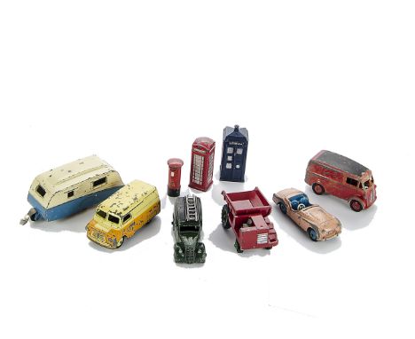  Dinky Toys Street Furniture and play worn Vehicles: Police Box, Telephone Booth and ER Post Box, Telephone Service Van, Post