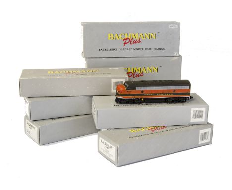 American HO Gauge Diesel Locomotive Units by 'Bachmann Plus': Eight boxed power units including one Bo-Bo Switcher type, one 