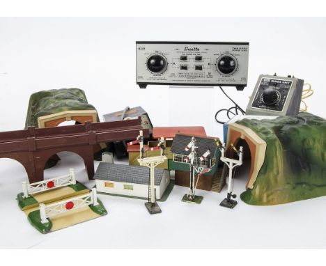 A collection of OO Gauge Scenic items and control equipment: comprising Hornby-Dublo Level Crossing, Signal box and tinplate 