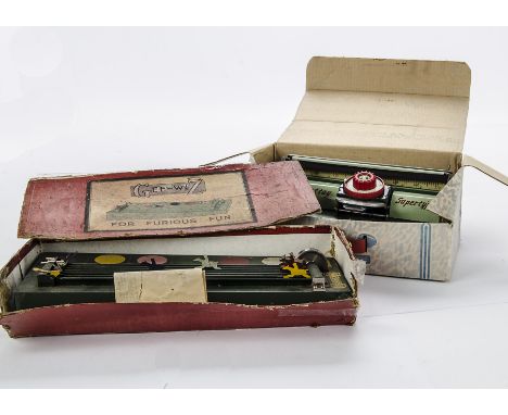 Mettoy Typewriter and Gee-Wiz Race Game: Mettoy Supertype tin Typewriter, in original box, G-VG, a few rust spots/scratches, 